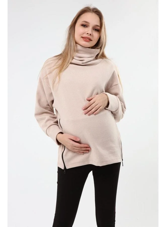 LuvmaBelly Myra4283 Zippered Maternity Sweatshirt - Beige.
