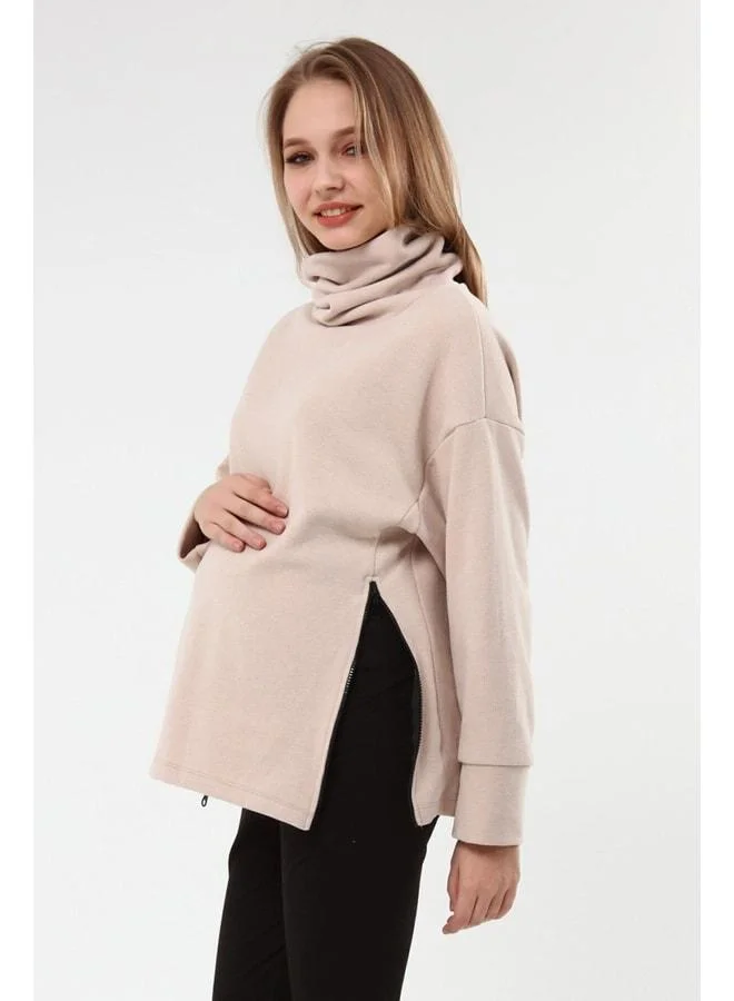 LuvmaBelly Myra4283 Zippered Maternity Sweatshirt - Beige.