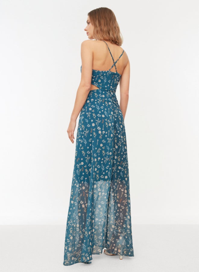 trendyol Multi Color A-Line Lined Window/Cut Out Detail Floral Patterned Maxi Woven Dress - Image 5