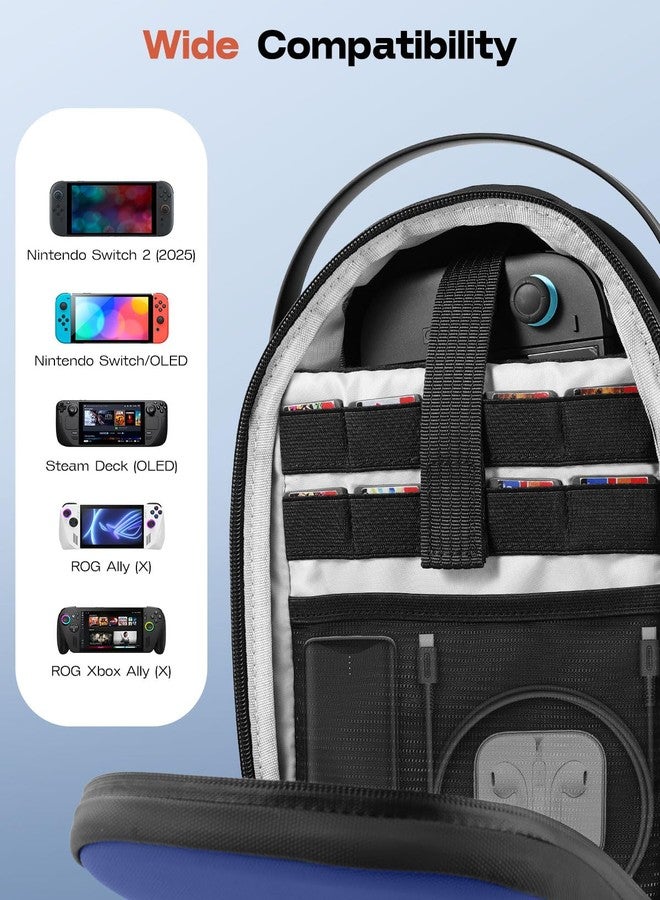 MoKo Sling Crossbody Bag for Nintendo Switch 2/Steam Deck/ROG Xbox Ally X/Legion Go, Hard EVA Backpack Travel Carrying Case w/Thickened Lining, 8 Game Slots for Switch 2 Console & Accessories, Blue - Image 3