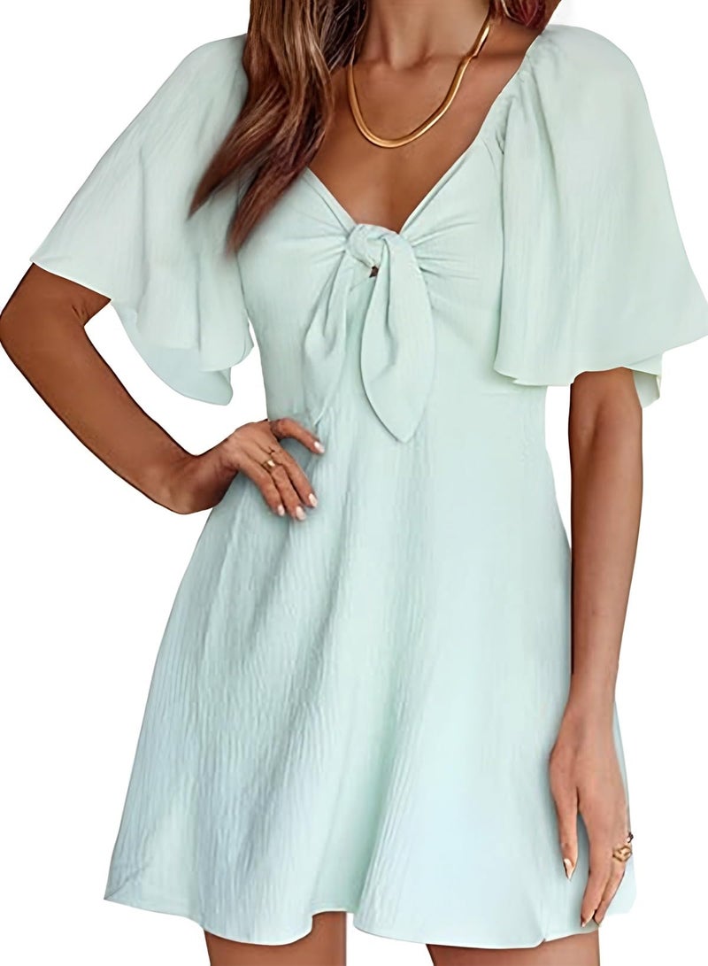 Dokotoo Women Dresses Summer Linen Dresses for Women Womens Easter 2025 Fashion Casual Elegant V Neck Drawstring Ruffle Solid Cap Sleeve Mini Summer Dress Green 2025 - Image 1
