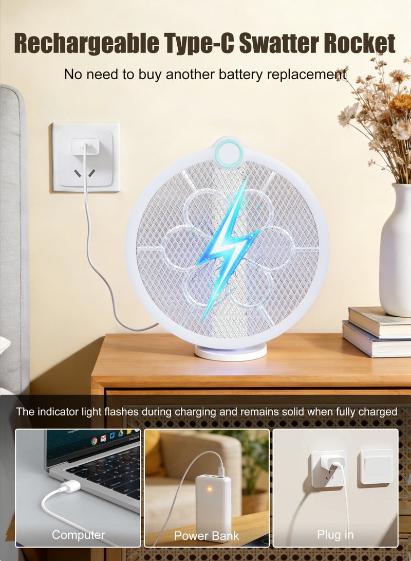 ANYOUI 3-in-1 Electric Mosquito Racket, Foldable Electric Mosquito Racket with USB Charging Function and LED Insect Trap, Triple-Layer Protective Net, Suitable for Home, Kitchen, Indoor and Outdoor Use (White) - Image 3