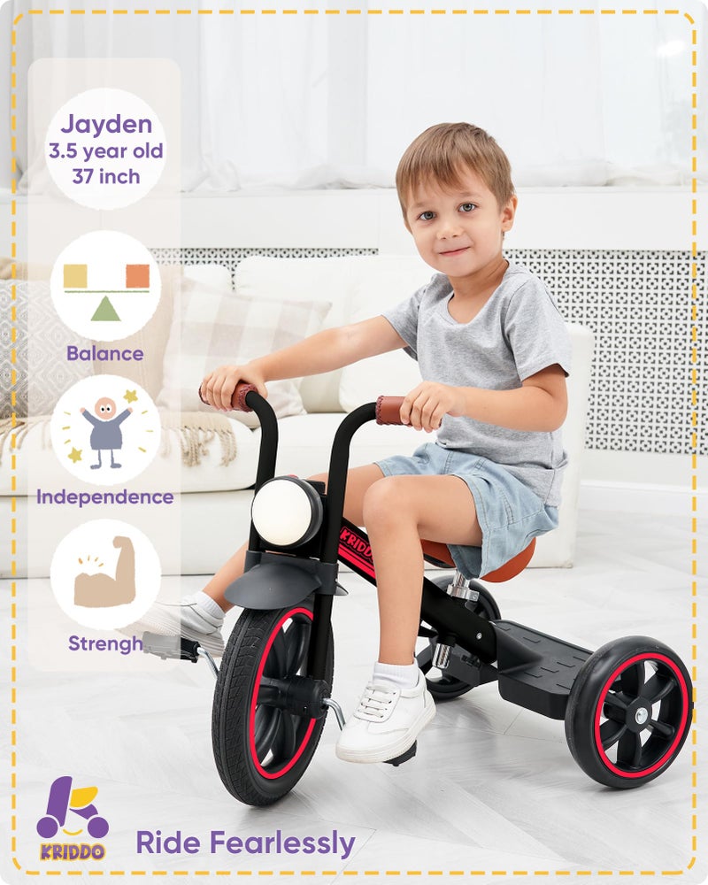 KRIDDO Kids Tricycle, 12 Inch Puncture Free Wheel w Front Light, Adjustable Seat Height, Gift for 2-5 Year Olds, Trike for Toddlers, Black - Image 2