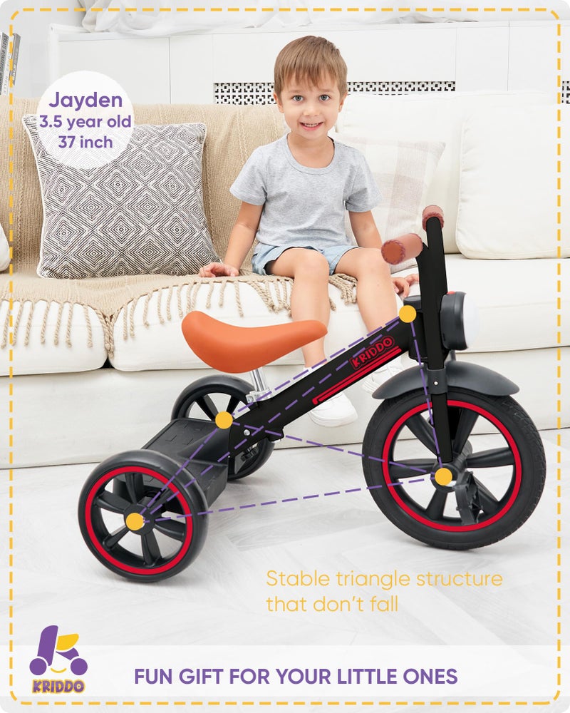 KRIDDO Kids Tricycle, 12 Inch Puncture Free Wheel w Front Light, Adjustable Seat Height, Gift for 2-5 Year Olds, Trike for Toddlers, Black - Image 3