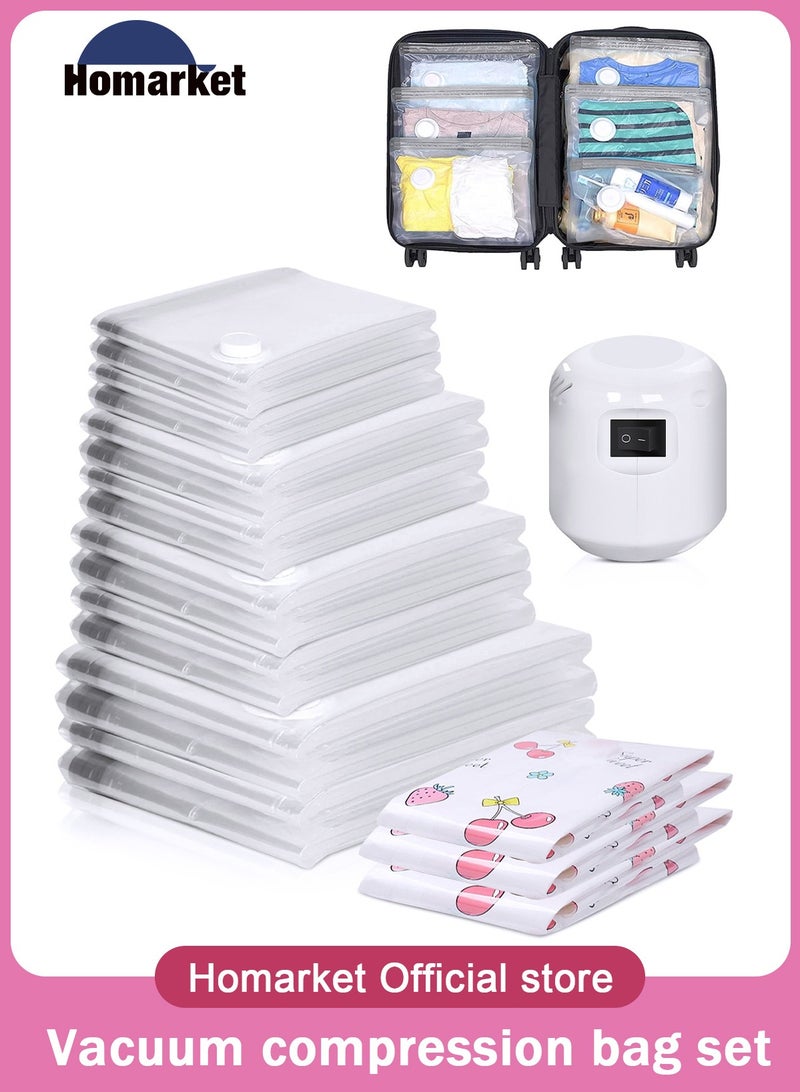 HomarKet 20 Pack Premium Vacuum Storage Bags with Electric Pump,Include 16-Piece (4 Jumbo,4 Large, 4 Medium,4 Small) with 3- Piece Portable Hand-Rolled Vacuum Compression Bags (1-Piece 50x35cm ,1-Piece 60x40cm and 1- Piece 70x50cm, 1- Piece Electric Pump ) Reusable Space Saver Bags for Clothes, Mattress, Blanket, Duvets, Pillows, Comforters, Quilt, Travel  - Image 1