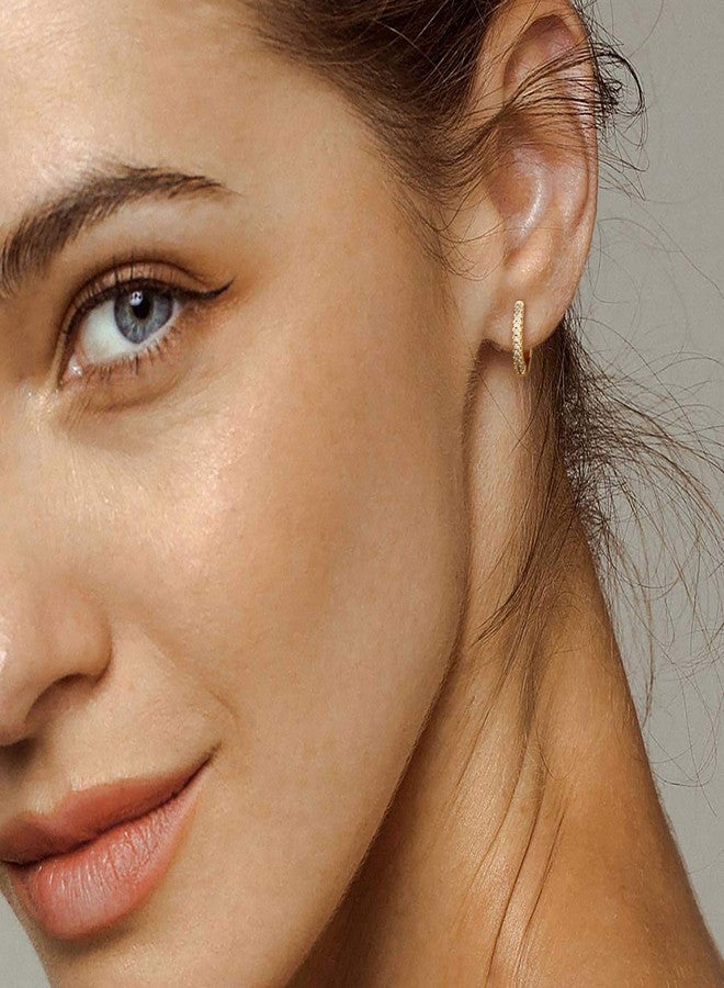 ميفيكو أقراط حلقية مطلية بالذهب عيار 14 قيراطًا من ميفيكو، مرصعة بثلاثة صفوف من الزركونيا المكعبة، أقراط صغيرة مصنوعة يدويًا للنساء - Image 2