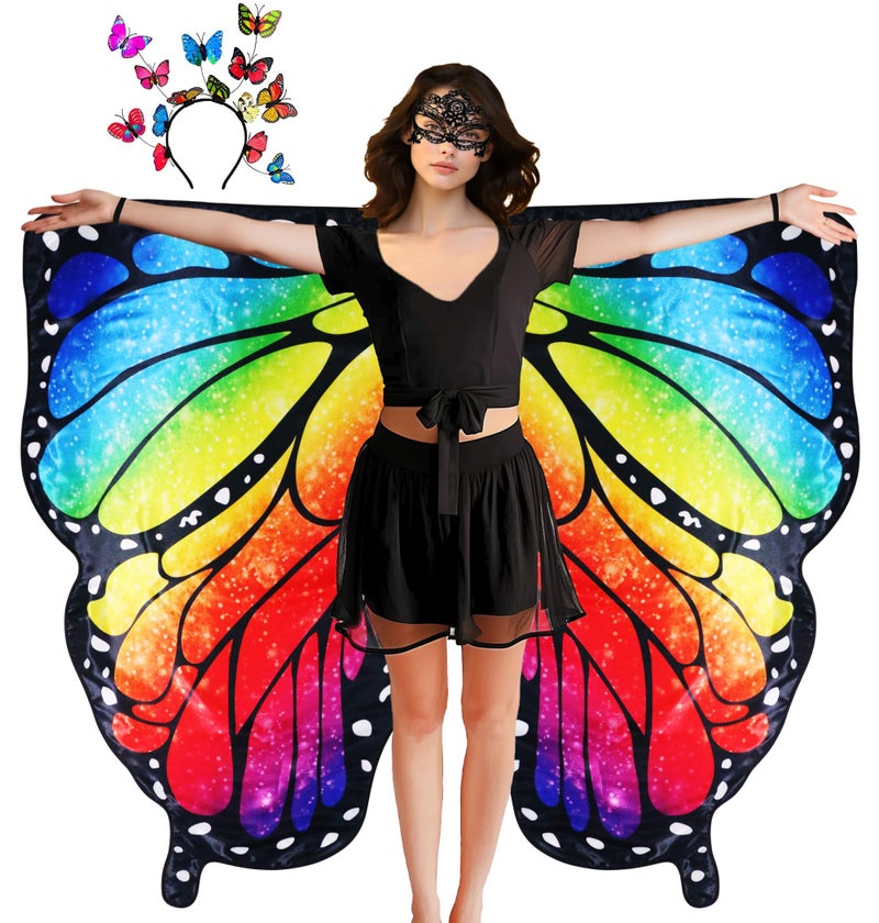 D.Q.Z Double Sided Women Butterfly Wings Costumes for Adults Fairy Ladies Festival Halloween Dress UP Party (Brilliant Rainbow) - Image 1