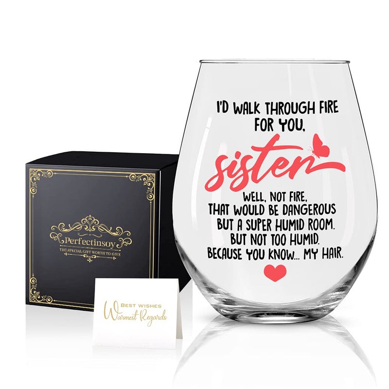 Perfectinsoy Funny Sister in Law Stemless Wine Glass with Gift Box  Id Walk Through Fire For You  Friendship Gifts for Women Friend  Birthday Gifts for Women Sister in Law
