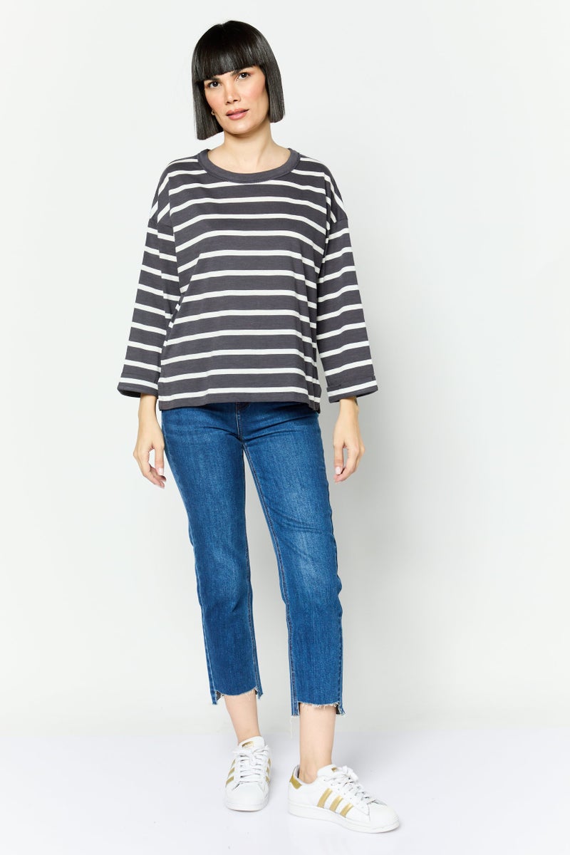 ESPRIT Women Round Neck Long Sleeve Stripe Top, Grey - Image 3