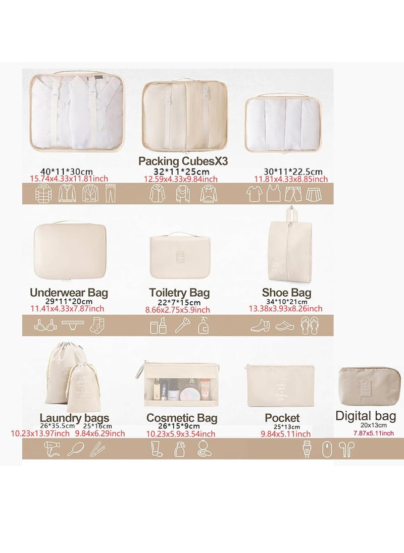 MissTiara - 11 Set Packing Cubes for Suitcases, Travel Luggage Organizer, Travel Packing Kit with Clothes Storage Bag & Shoes Bag & Toiletry Bag & Underwear Bag-Beige - Image 1