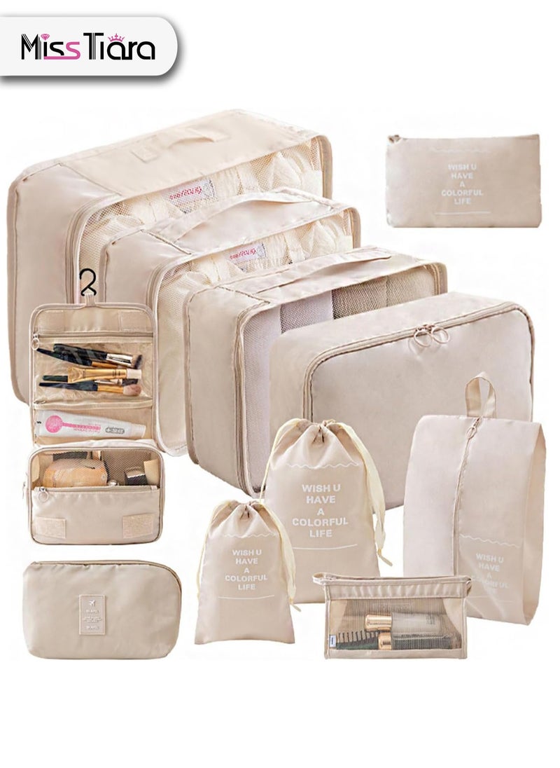 MissTiara - 11 Set Packing Cubes for Suitcases, Travel Luggage Organizer, Travel Packing Kit with Clothes Storage Bag & Shoes Bag & Toiletry Bag & Underwear Bag-Beige - Image 1