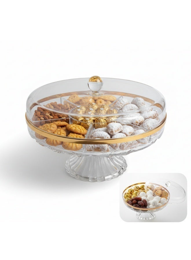 SOBHYS Premium 6-Compartment Serving Tray with Lid - Crystal Clear Extra Deep Acrylic Hosting Box - 25cm Diameter High Capacity Organizer for Chocolates, Dates, Eid Cookies and Sweets - Image 1