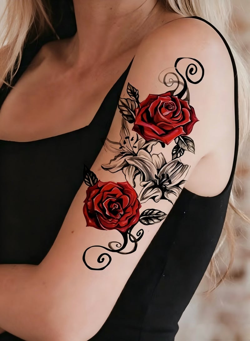 5-Pieces Waterproof Temporary Tattoo Stickers, Thigh Tattoos for Women, Realistic Rose Flower Waist Stomach Tattoo, Full Arm Fake Tattoo, Lasts 2-5 Days, Covers Scars, for Arms, Wrists, Shoulders, Legs, Neck, Back, Thighs - Image 1