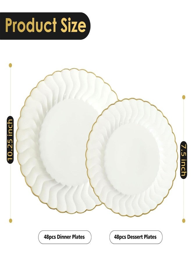 Lullaby 96PCS Ivory Scalloped Plastic Plates with Gold Rim, Disposable Elegant Plates Include 48pcs Dinner Plate 10.25", 48pcs Dessert Plate 7.5", Perfect for Daily Use, Wedding and Party - Image 2
