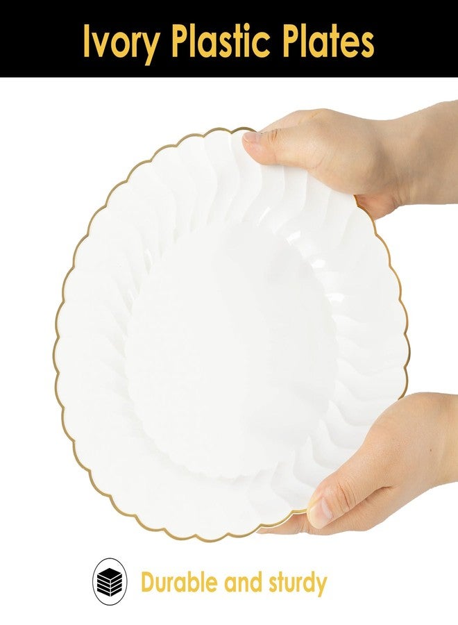 Lullaby 96PCS Ivory Scalloped Plastic Plates with Gold Rim, Disposable Elegant Plates Include 48pcs Dinner Plate 10.25", 48pcs Dessert Plate 7.5", Perfect for Daily Use, Wedding and Party - Image 3
