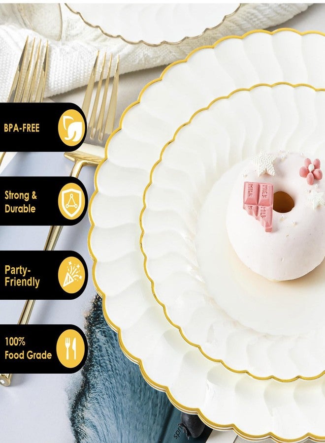 Lullaby 96PCS Ivory Scalloped Plastic Plates with Gold Rim, Disposable Elegant Plates Include 48pcs Dinner Plate 10.25", 48pcs Dessert Plate 7.5", Perfect for Daily Use, Wedding and Party - Image 4