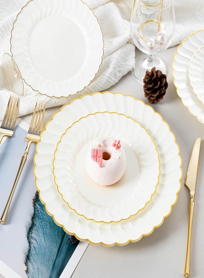 Lullaby 96PCS Ivory Scalloped Plastic Plates with Gold Rim, Disposable Elegant Plates Include 48pcs Dinner Plate 10.25", 48pcs Dessert Plate 7.5", Perfect for Daily Use, Wedding and Party - Image 5