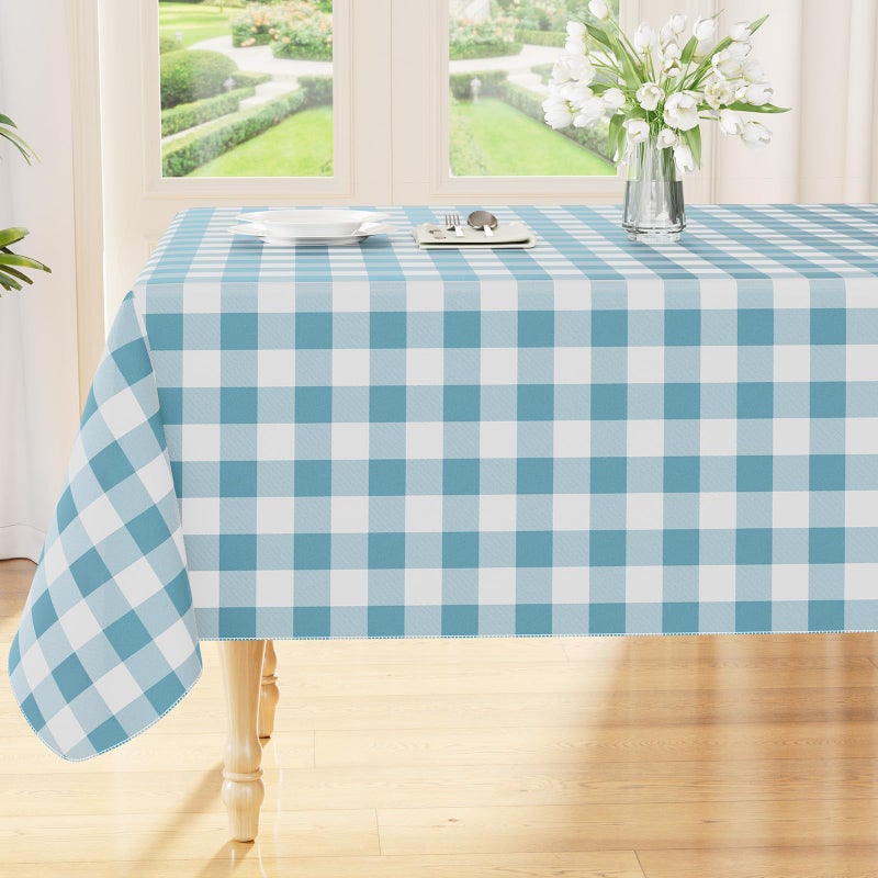 smiry مفرش طاولة مستطيل من سميري، مفارش طاولة من الفينيل المقاوم للماء مع بطانة من الفلانيل، غطاء طاولة قابل للمسح بنقشة مربعات الجاموس لتناول الطعام، للاستخدام الداخلي والخارجي (أزرق مخضر وأبيض، 60 بوصة × 84 بوصة) - Image 1