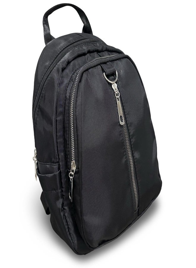 GLOSSY Nylon Backpack, 4 Zip Compartments, Black, Lightweight Casual and Travel Daypack, - Image 1