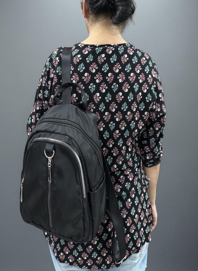 GLOSSY Nylon Backpack, 4 Zip Compartments, Black, Lightweight Casual and Travel Daypack, - Image 2