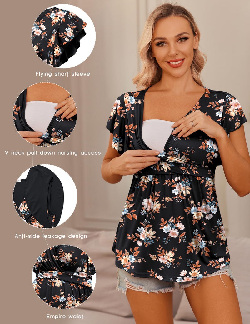 Ekouaer Maternity Shirts Flying Short Sleeve 3 Packs Nursing Tops Pregnancy Tee Wine red+Floral Black+Dark Blue L - Image 3