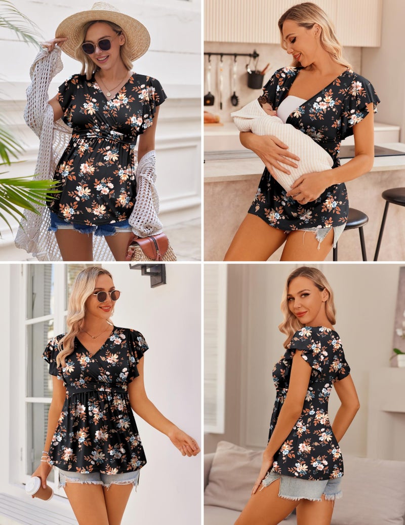 Ekouaer Maternity Shirts Flying Short Sleeve 3 Packs Nursing Tops Pregnancy Tee Wine red+Floral Black+Dark Blue L - Image 2