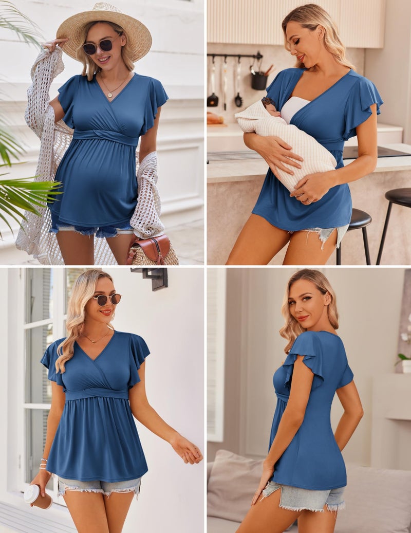 Ekouaer Maternity Shirts Flying Short Sleeve 3 Packs Nursing Tops Pregnancy Tee Wine red+Floral Black+Dark Blue L - Image 5