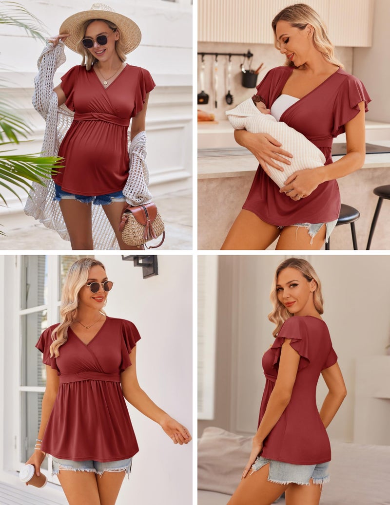 Ekouaer Maternity Shirts Flying Short Sleeve 3 Packs Nursing Tops Pregnancy Tee Wine red+Floral Black+Dark Blue L - Image 4