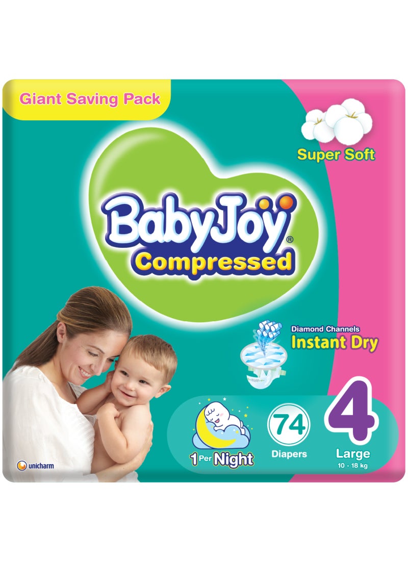 BabyJoy Compressed Diamond Pad Diaper, Size 4, Large, 10-18 Kg, Giant Pack, 74 Diapers - Image 1