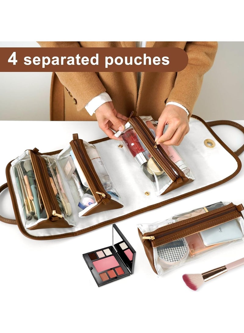 عام حقيبة مستحضرات تجميل جلدية مضادة للماء 4 في 1 - منظف أدوات سفر متنقل قابلة لللف والتعليق مزودة بـ 4 جيوب شفافة قابلة للإزالة، سعة كبيرة لمستحضرات التجميل وأدوات تصفيف الشعر - Image 2