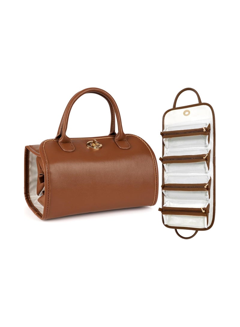 عام حقيبة مستحضرات تجميل جلدية مضادة للماء 4 في 1 - منظف أدوات سفر متنقل قابلة لللف والتعليق مزودة بـ 4 جيوب شفافة قابلة للإزالة، سعة كبيرة لمستحضرات التجميل وأدوات تصفيف الشعر - Image 1