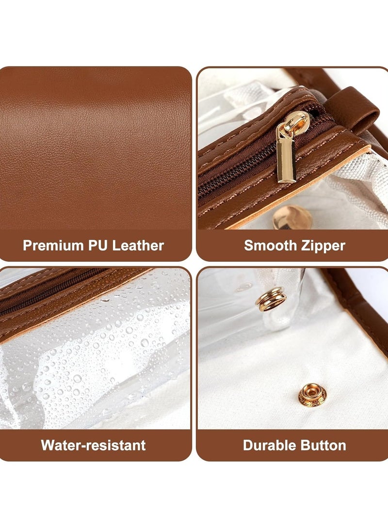 عام حقيبة مستحضرات تجميل جلدية مضادة للماء 4 في 1 - منظف أدوات سفر متنقل قابلة لللف والتعليق مزودة بـ 4 جيوب شفافة قابلة للإزالة، سعة كبيرة لمستحضرات التجميل وأدوات تصفيف الشعر - Image 5