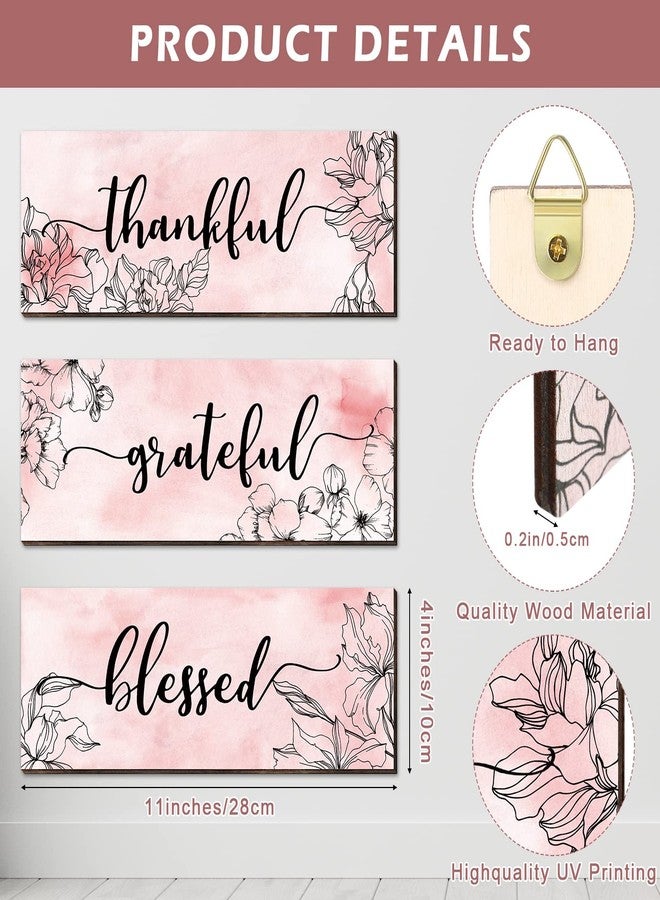 Yookeer لوحة جدارية خشبية معلقة من Yookeer، مكونة من 3 قطع، باللون الوردي، مزينة بنقوش زهور، تحمل كلمات شكر وثناء وبركة، بتصميم ريفي ملهم، مناسبة للمطبخ وغرفة النوم، هدية مثالية للفتيات والسيدات في عيد الشكر. - Image 2