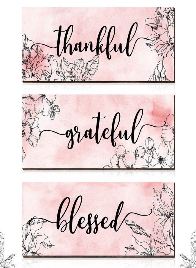 Yookeer لوحة جدارية خشبية معلقة من Yookeer، مكونة من 3 قطع، باللون الوردي، مزينة بنقوش زهور، تحمل كلمات شكر وثناء وبركة، بتصميم ريفي ملهم، مناسبة للمطبخ وغرفة النوم، هدية مثالية للفتيات والسيدات في عيد الشكر. - Image 1