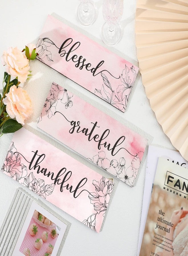 Yookeer لوحة جدارية خشبية معلقة من Yookeer، مكونة من 3 قطع، باللون الوردي، مزينة بنقوش زهور، تحمل كلمات شكر وثناء وبركة، بتصميم ريفي ملهم، مناسبة للمطبخ وغرفة النوم، هدية مثالية للفتيات والسيدات في عيد الشكر. - Image 3