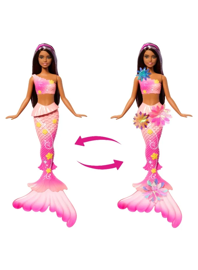 Barbie Mermaid Toy Dolls with Surprise Magic Blooming Flowers Feature, Ombre Tails, Pearl Headband Accessory & Long Brown Hair with Purple Highlights
