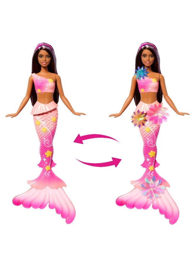 Barbie Mermaid Toy Dolls with Surprise Magic Blooming Flowers Feature, Ombre Tails, Pearl Headband Accessory & Long Brown Hair with Purple Highlights - Image 2