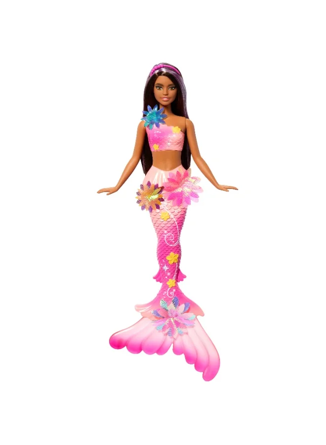 Barbie Mermaid Toy Dolls with Surprise Magic Blooming Flowers Feature, Ombre Tails, Pearl Headband Accessory & Long Brown Hair with Purple Highlights