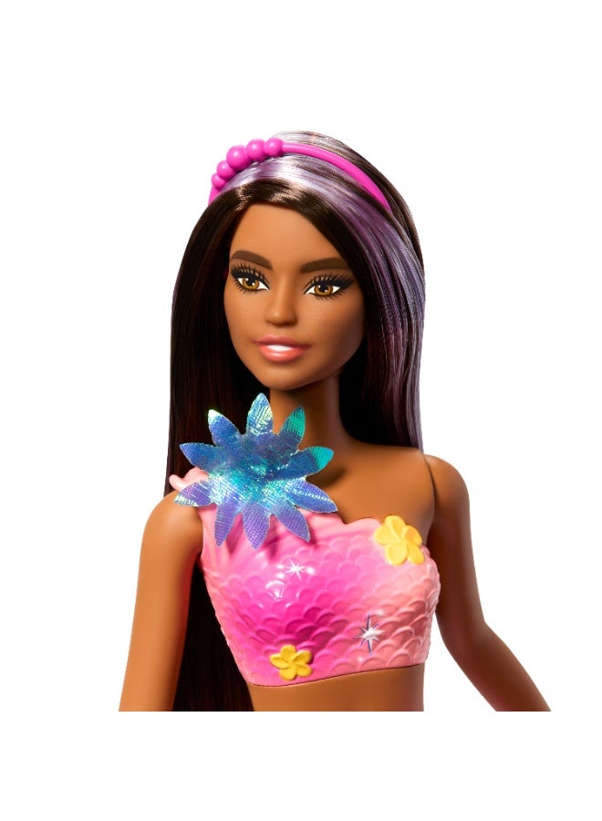 Barbie Mermaid Toy Dolls with Surprise Magic Blooming Flowers Feature, Ombre Tails, Pearl Headband Accessory & Long Brown Hair with Purple Highlights - Image 4