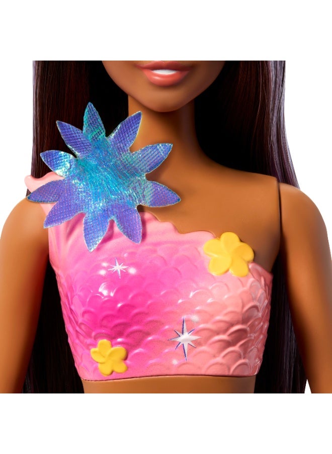 Barbie Mermaid Toy Dolls with Surprise Magic Blooming Flowers Feature, Ombre Tails, Pearl Headband Accessory & Long Brown Hair with Purple Highlights - Image 5