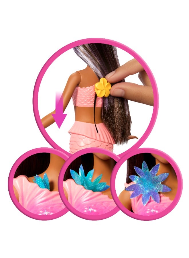 Barbie Mermaid Toy Dolls with Surprise Magic Blooming Flowers Feature, Ombre Tails, Pearl Headband Accessory & Long Brown Hair with Purple Highlights - Image 3