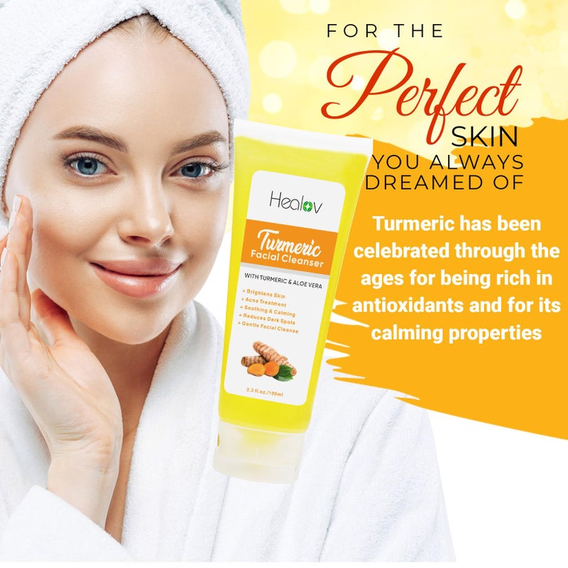 Healov Turmeric Face Wash, Turmeric Clear Skin Liquid Soap â€“ 100% Natural Anti Aging Exfoliating Facial Cleanser for Spots, Age Spots, Sun Damage, Discoloration â€“ Cleansing Soap Skin Detox Treatment - Image 2
