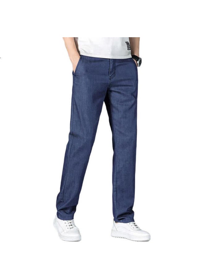 PLAYBOY Men'S Ice Silk Thin Spring And Summer Jeans Men'S Tencel Loose Straight Business Casual Pants Deep Blue 32 - Image 1