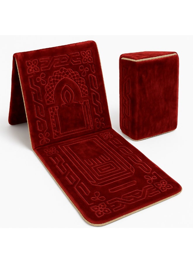 بريميم سجادة صلاة تركية مخملية قابلة للطي مع مسند ظهر – فاخرة باللون الأحمر للصلاة وقراءة القرآن - Image 1