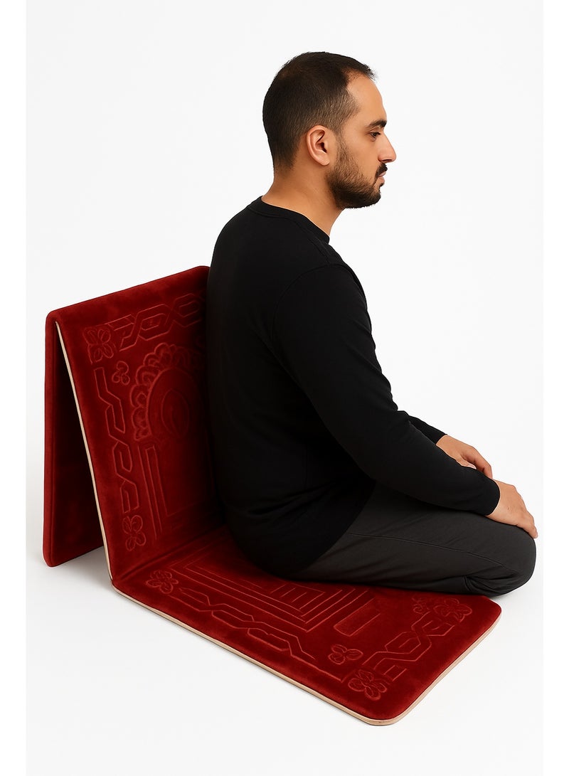 بريميم سجادة صلاة تركية مخملية قابلة للطي مع مسند ظهر – فاخرة باللون الأحمر للصلاة وقراءة القرآن - Image 3