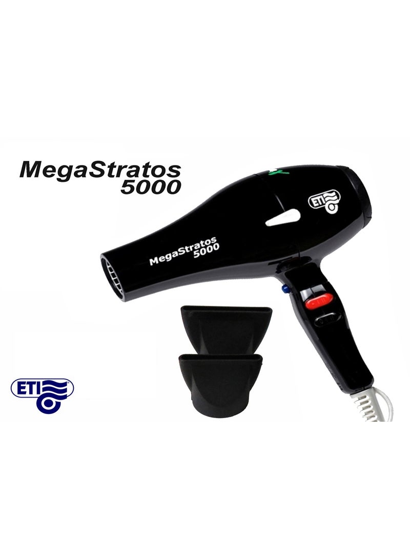 ETI Mega Stratos 5000 Extra Power Italian Hair Dryer and Professional Hair Styler, Black, 2500 Watts for the best hairstyles and hair protein. Made from high-quality, break-resistant polycarbonate with an Italian AC motor and a patented protected fan, designed for professionals, hair stylists, workshops, and beauty salons. - Image 5