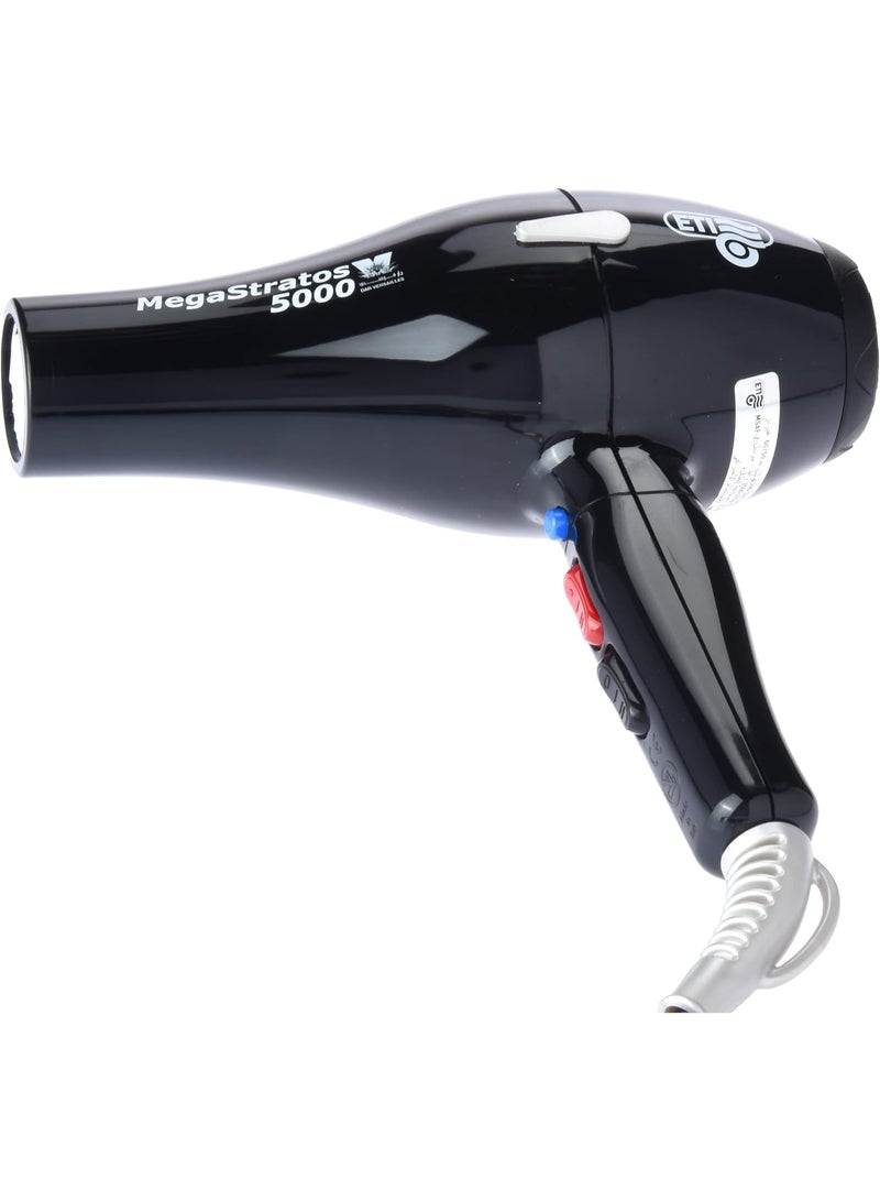 ETI Mega Stratos 5000 Extra Power Italian Hair Dryer and Professional Hair Styler, Black, 2500 Watts for the best hairstyles and hair protein. Made from high-quality, break-resistant polycarbonate with an Italian AC motor and a patented protected fan, designed for professionals, hair stylists, workshops, and beauty salons. - Image 2