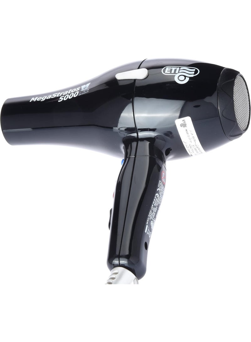 ETI Mega Stratos 5000 Extra Power Italian Hair Dryer and Professional Hair Styler, Black, 2500 Watts for the best hairstyles and hair protein. Made from high-quality, break-resistant polycarbonate with an Italian AC motor and a patented protected fan, designed for professionals, hair stylists, workshops, and beauty salons. - Image 4