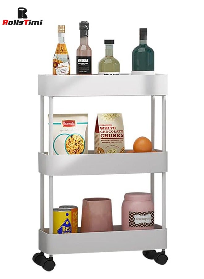 RollsTimi  3-Tier Plastic Storage Organizer Rolling Cart with Slim Shelves in White - Image 1