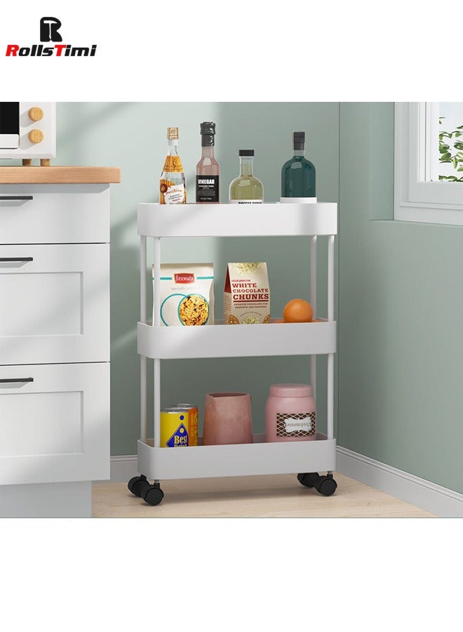 RollsTimi  3-Tier Plastic Storage Organizer Rolling Cart with Slim Shelves in White - Image 2